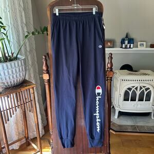 Champion Sweat Pants Navy Spell out Joggers Grandpa Stretch Fleece Size Large